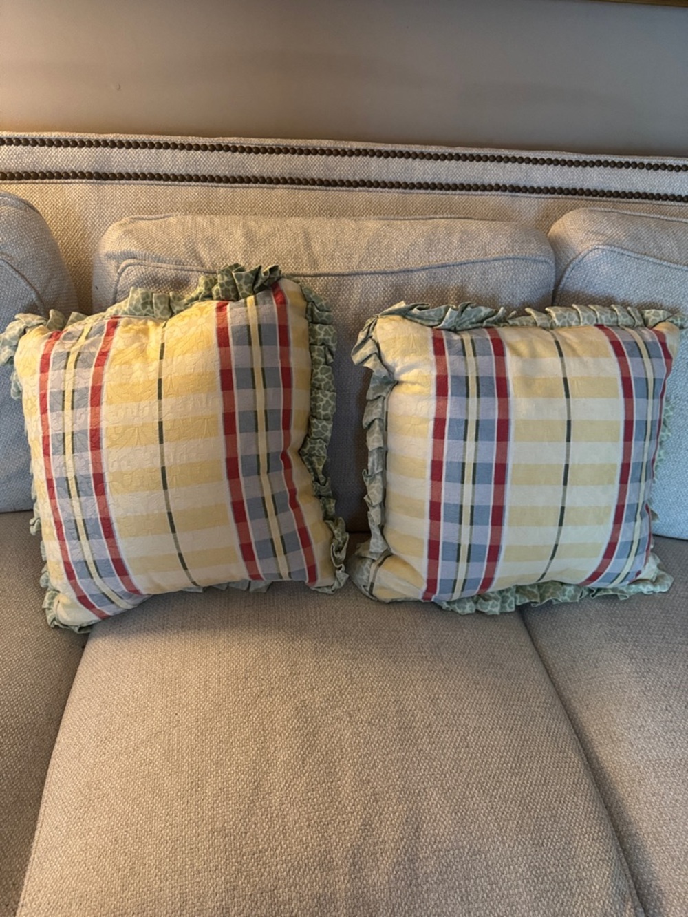 Floral Ruffled Throw Pillows- Pale Yellow with Pink & Green (Pair) - Picture 8 of 10